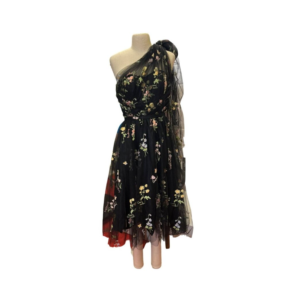 Darling Custom Made Tailored Handmade One-Shoulder Black Floral Embroidered Dres - Picture 1 of 14